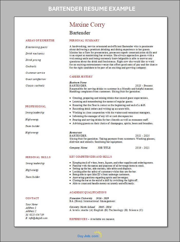 Bartender resume template