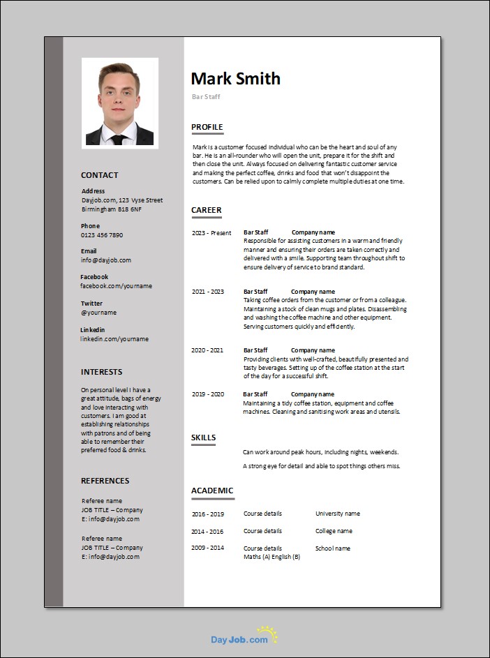 Bar Staff CV template - 1