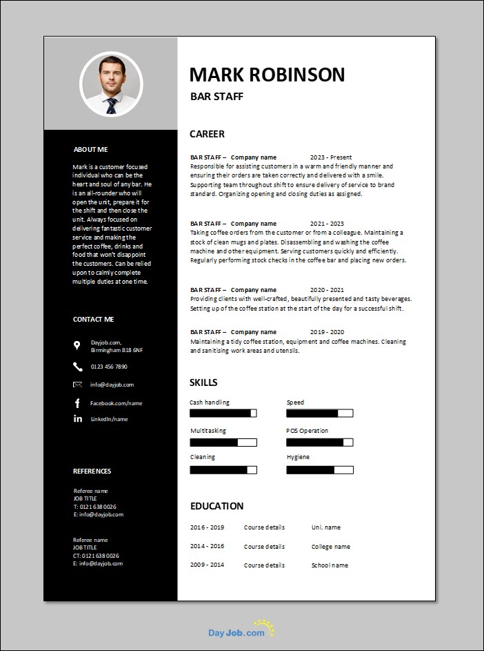 Bar Staff CV template 2