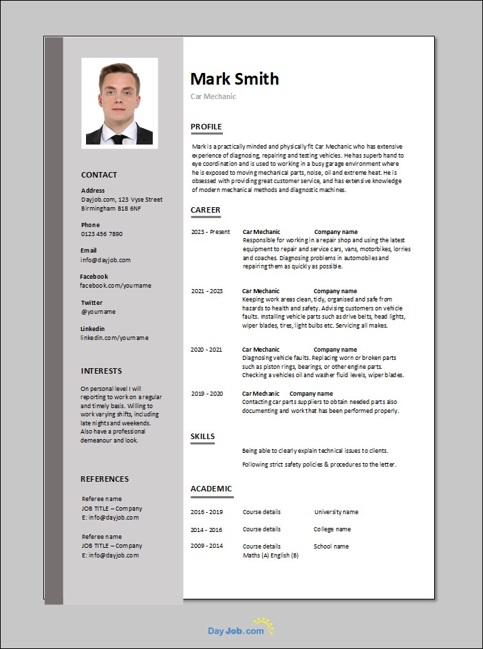 Car Mechanic resume template 1