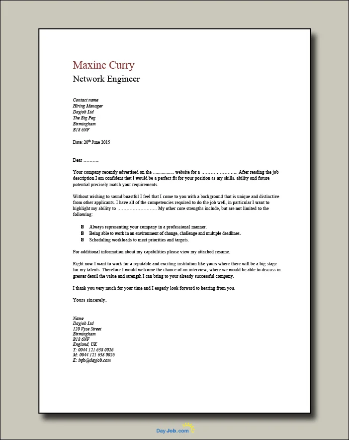 Network Engineer Cover Letter