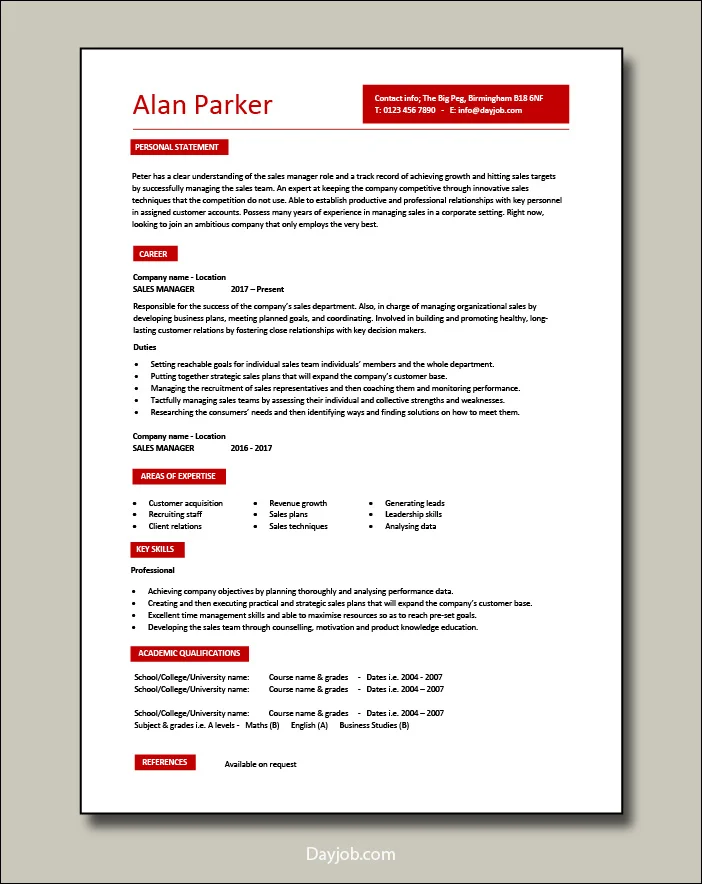 Sales Manager CV Builder template