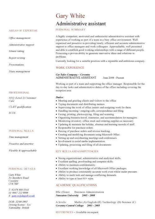 Administrative assistant CV sample, planning and ...