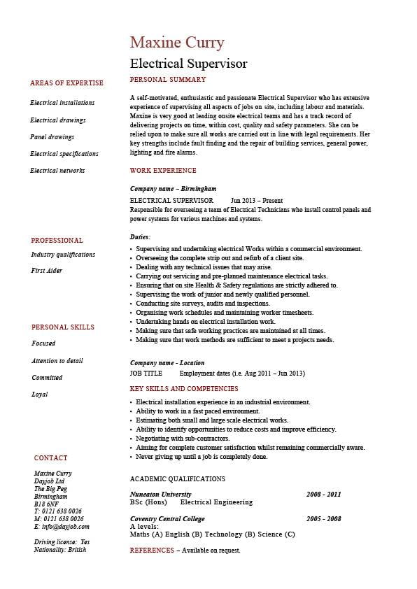 Electrical Supervisor Resume Sample Example Electrician Work