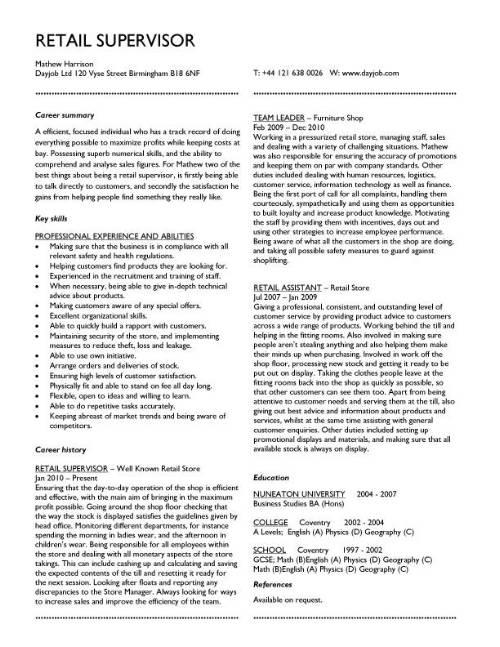 Retail Supervisor Cv