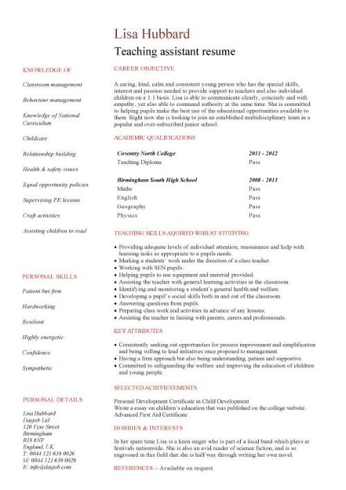 student entry level teaching assistant resume template