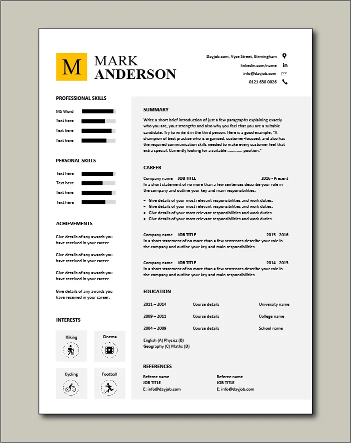 Text boxes used in this CV template