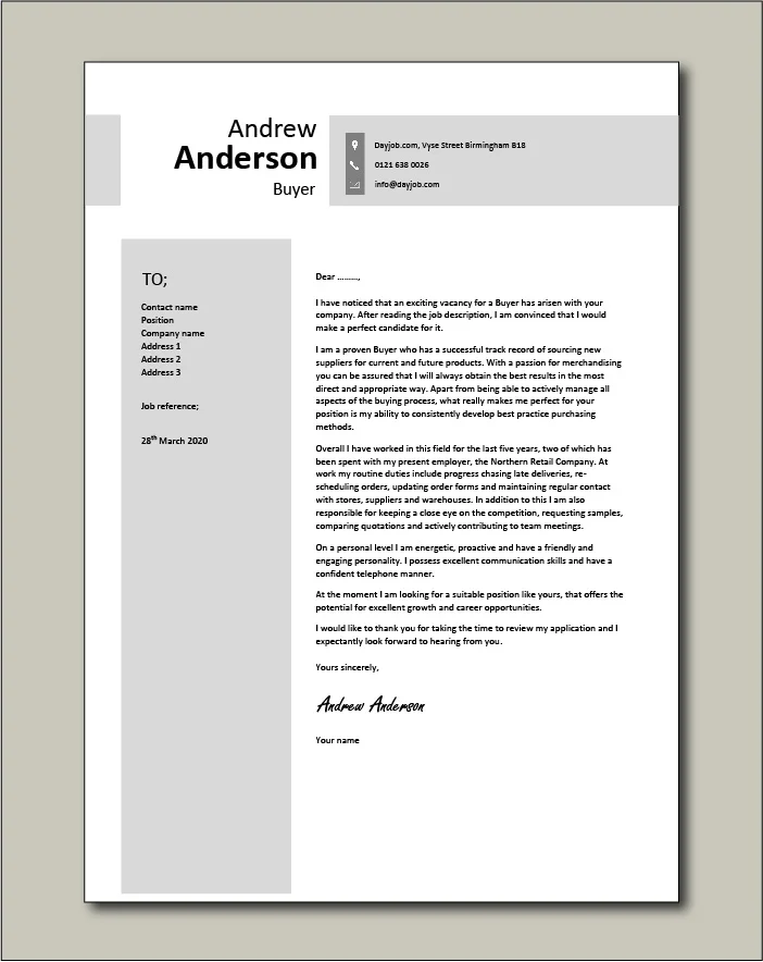 Free Buyer cover letter example 5