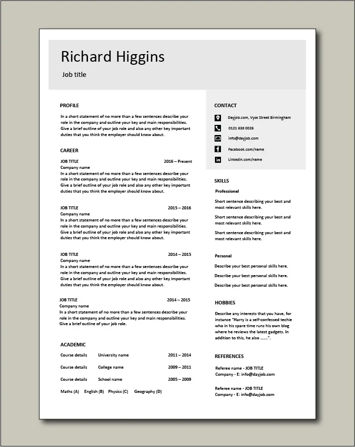 Free CV template 14 - 1 page