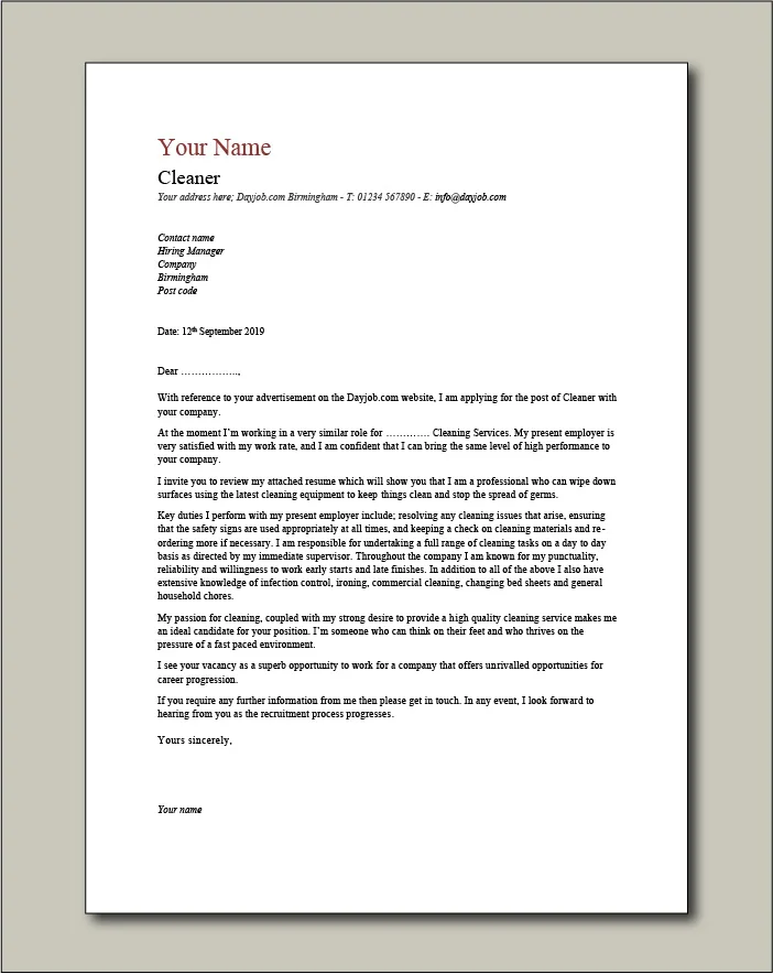 Free Cleaner cover letter example 7