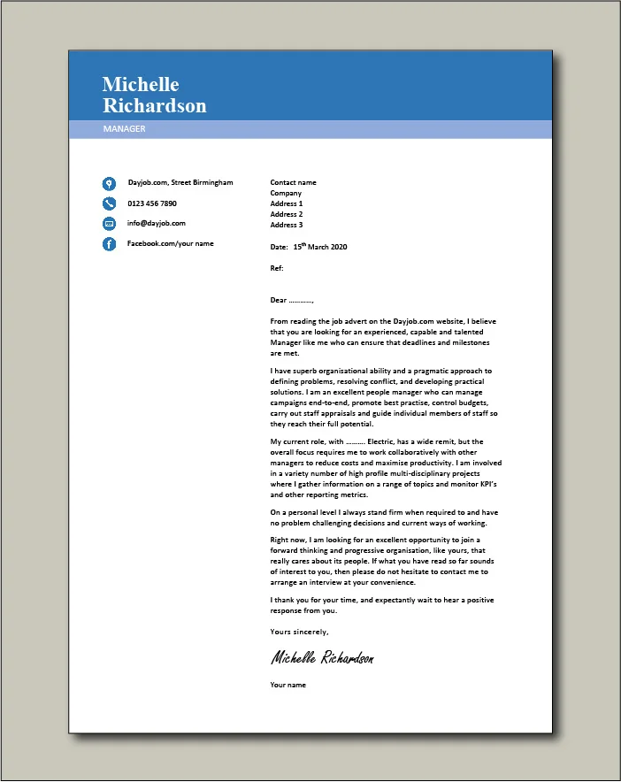 Free Manager cover letter example 1