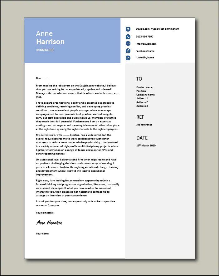 Free Manager cover letter example 3