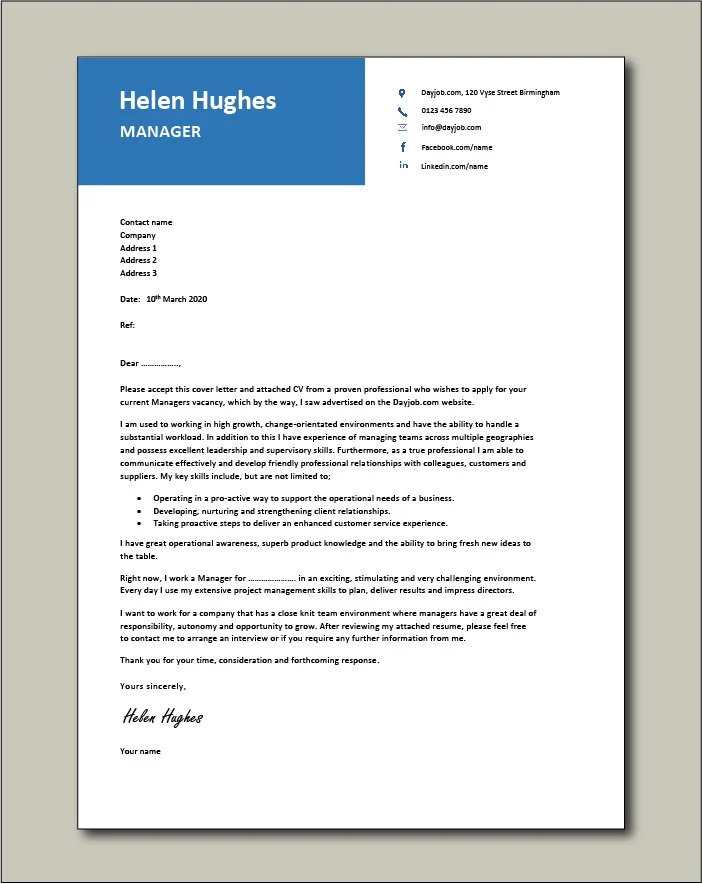 Free Manager cover letter example 4