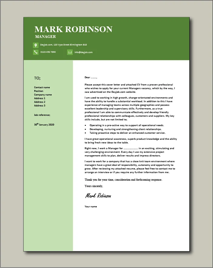 Free Manager cover letter example 6