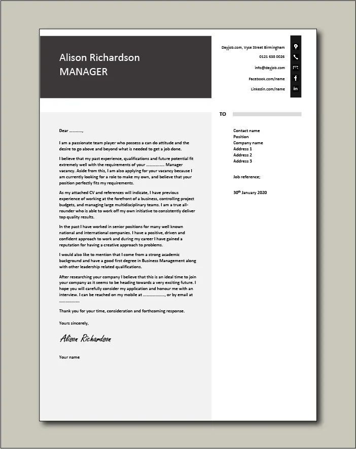 Free Manager cover letter example 7