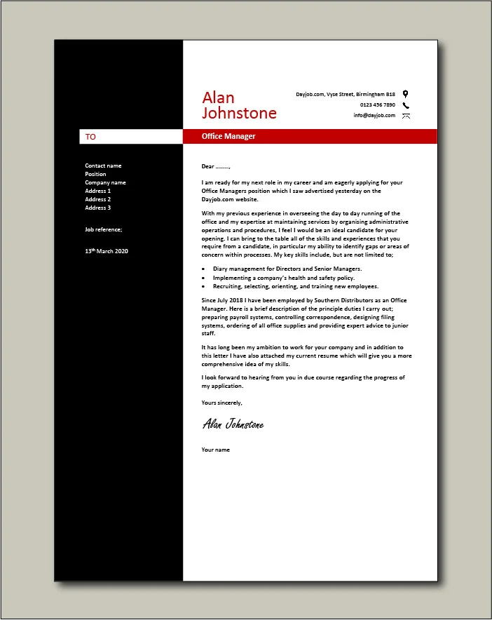 Free Office Manager cover letter example 3