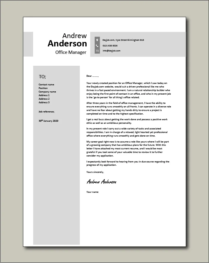 Free Office Manager cover letter example 5