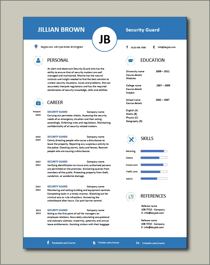 Free Security Guard CV template 5