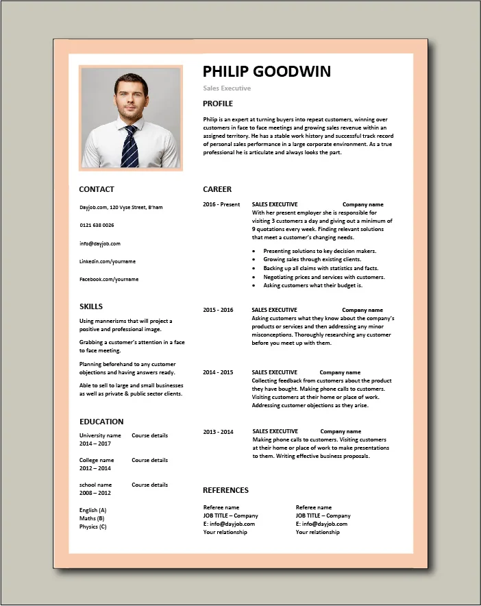 Sales Executive CV template - 1 page