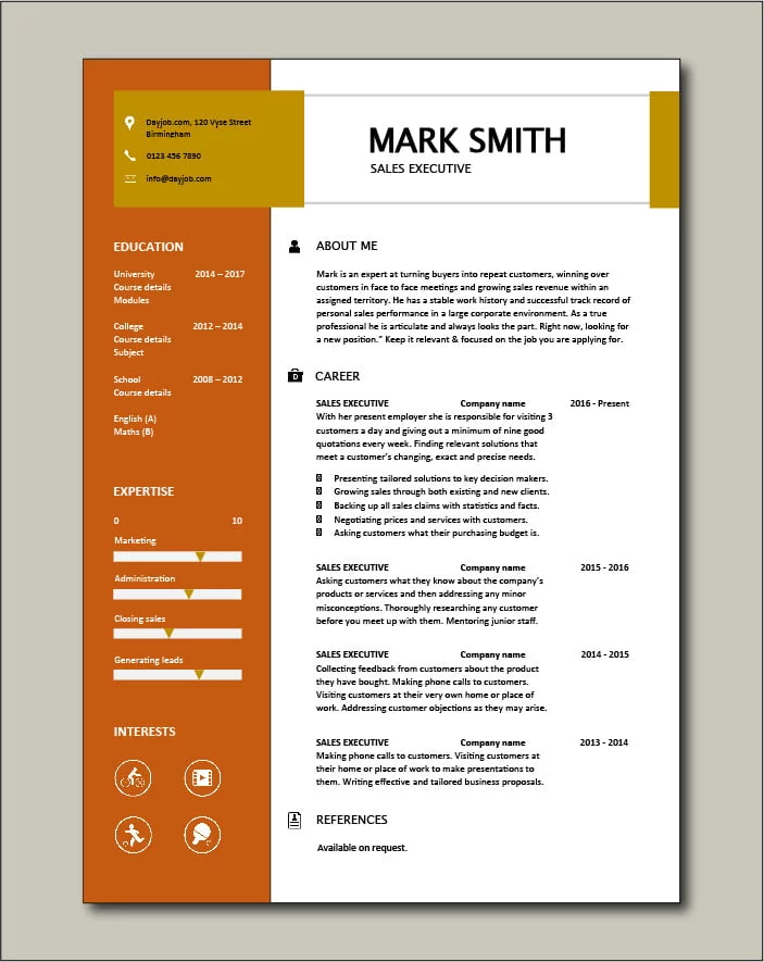 Sales Executive CV template 2 - 1 page