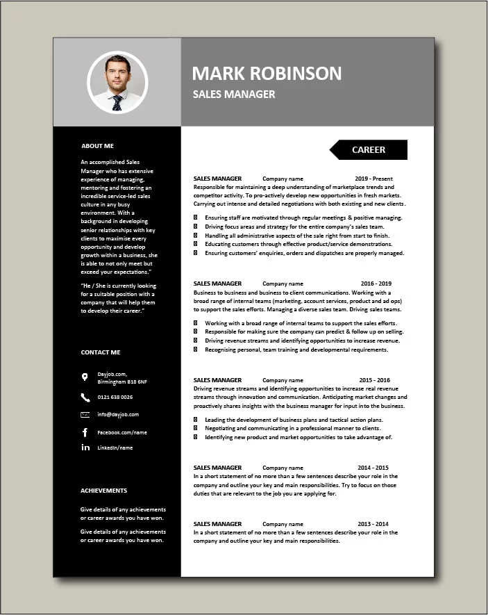 Sales Manager CV template 3 - 2 pages
