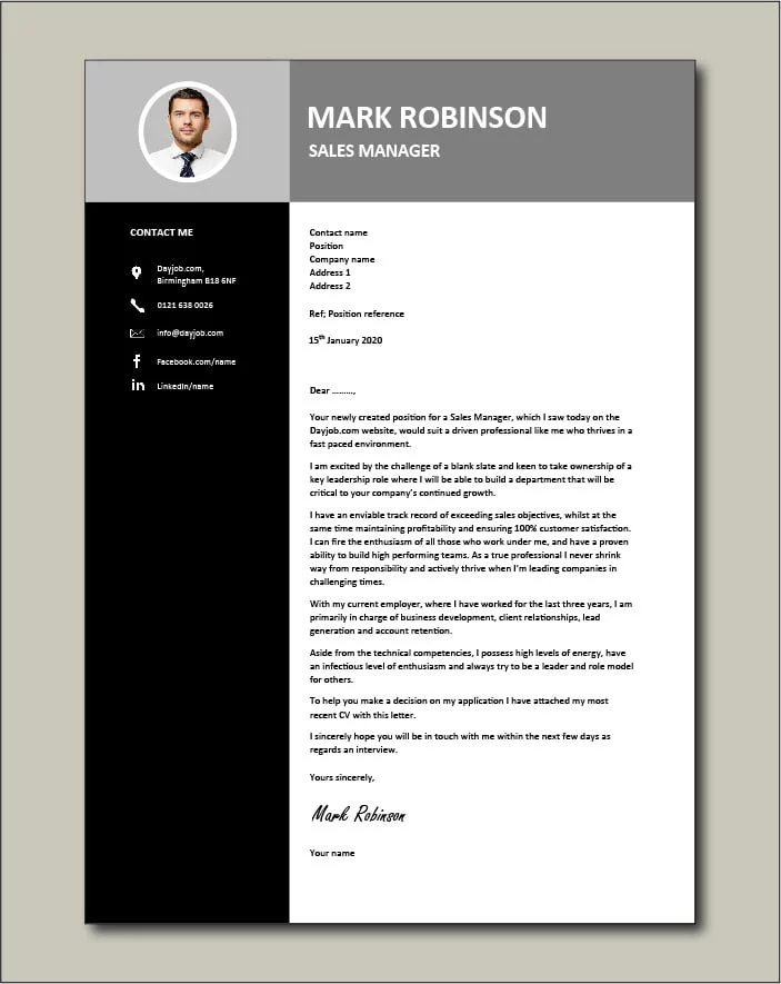 Sales Manager CV template 3 - Cover letter
