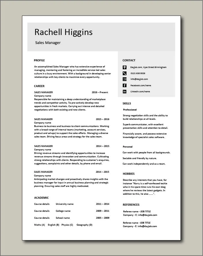 Sales Manager CV template 4 - 1 page