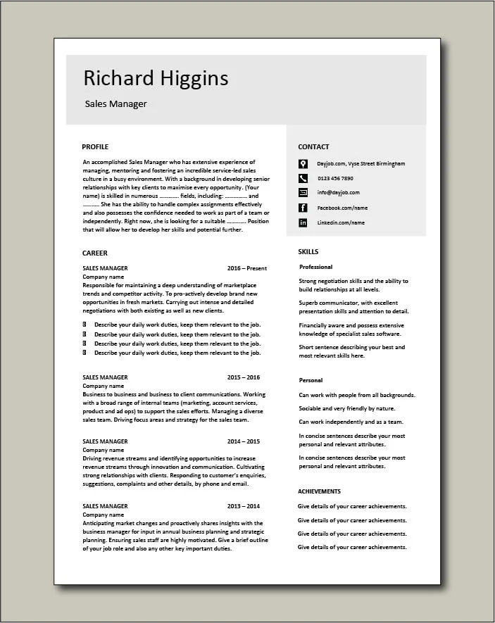 Sales Manager CV template 4 - 2 page