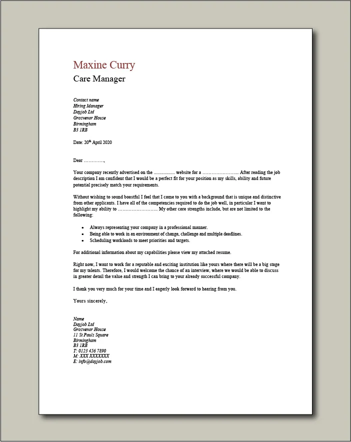 Care Manager Cover Letter