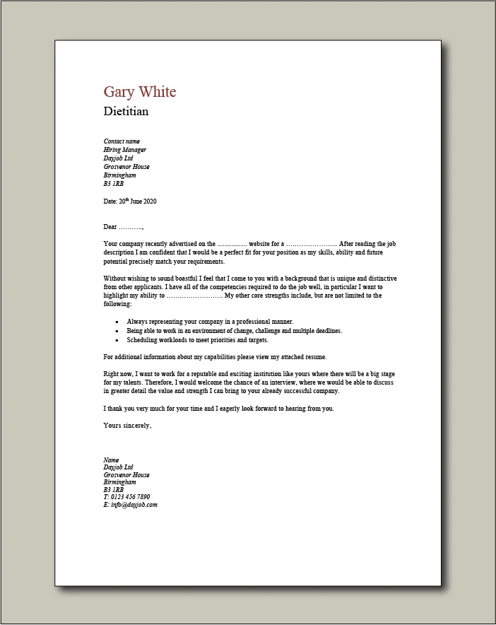Dietitian Cover Letter