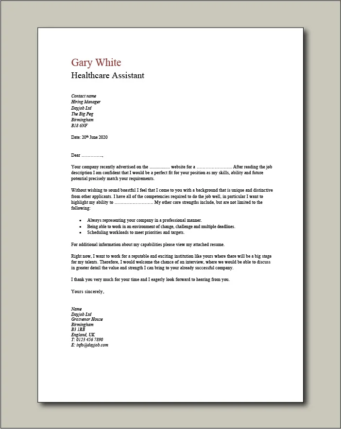 Healthcare Assistant Cover Letter