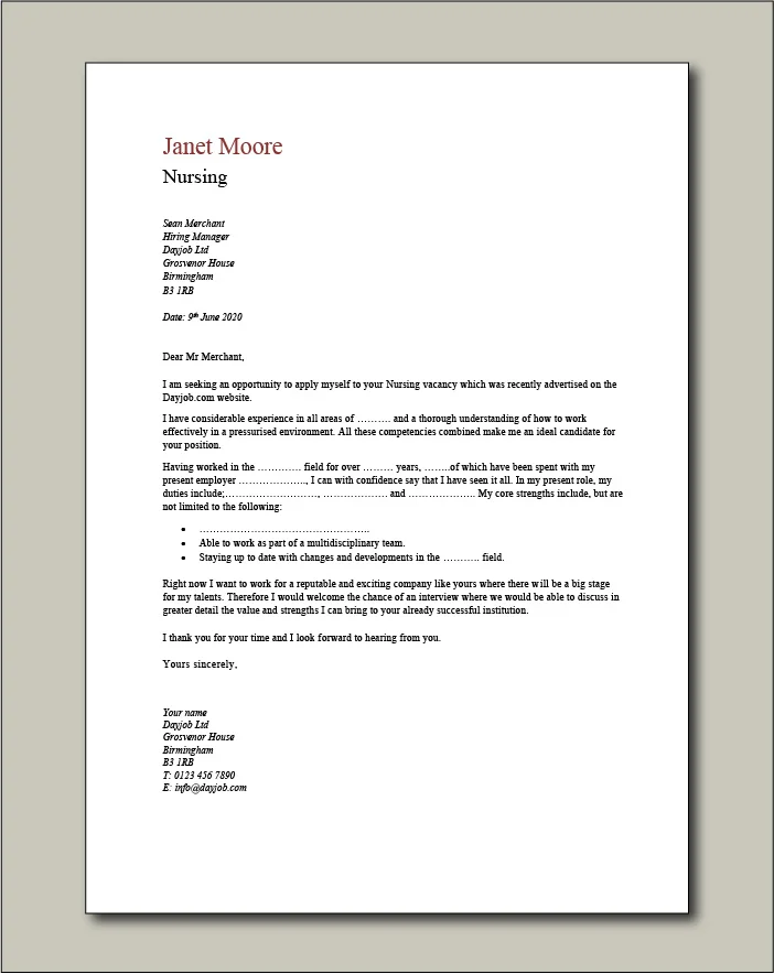 Nurse template 8 cover letter
