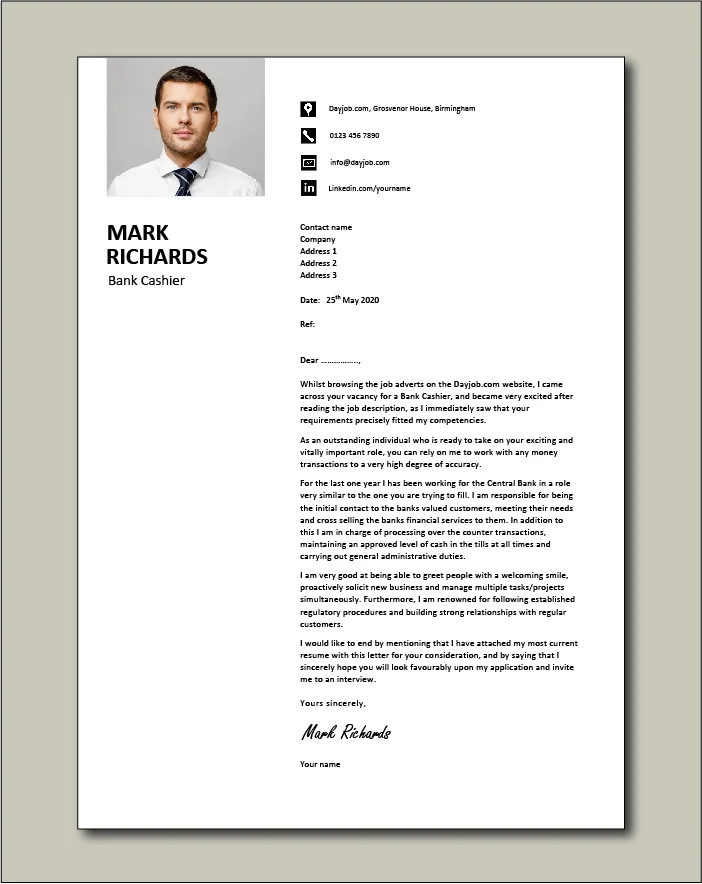 Free Bank Cashier cover letter example 3