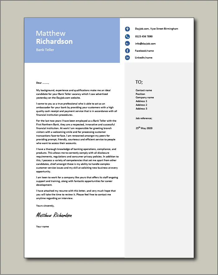 Free Bank Teller cover letter example 1