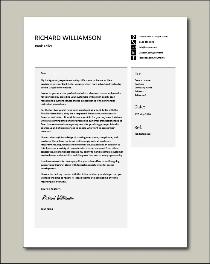 Free Bank Teller cover letter example 2