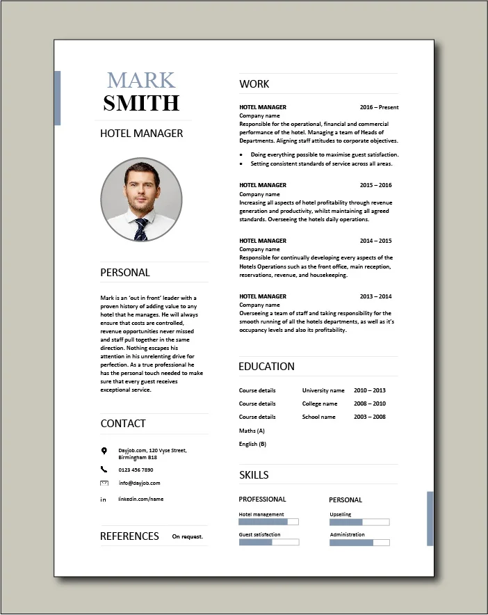 Free Hotel Manager CV template 2