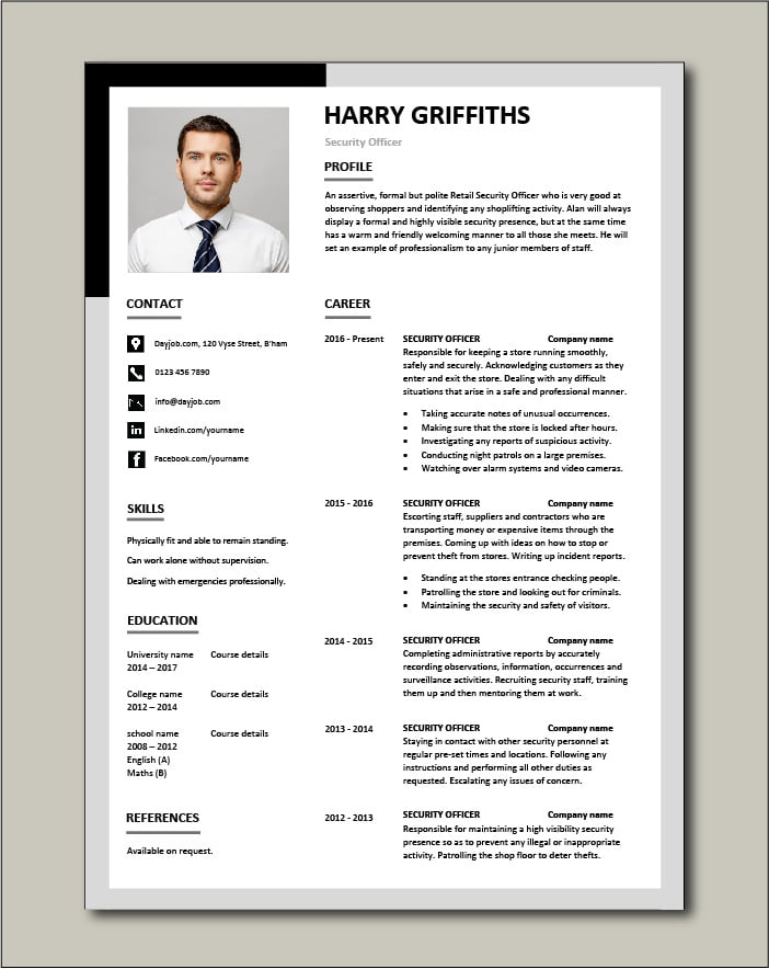 Free Security Officer CV template 3