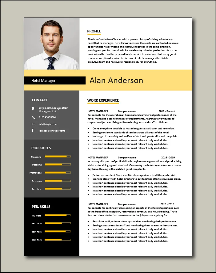 Hotel Manager CV template 1 - 2 page