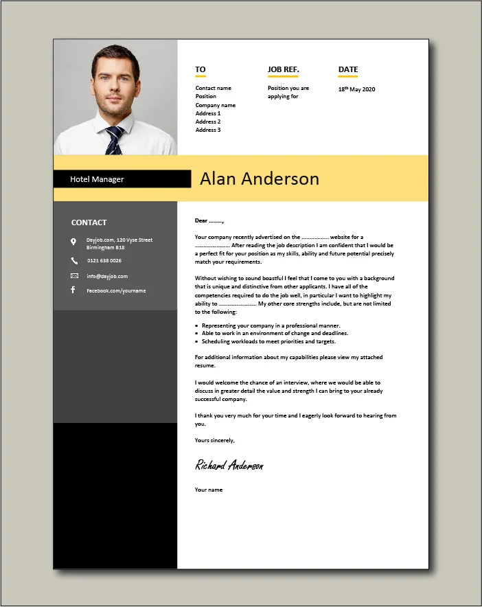 Hotel Manager CV template 1 - cover letter