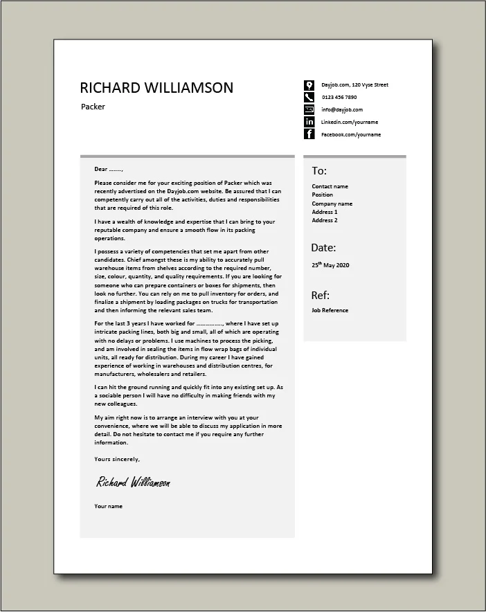 Packer Cover letter