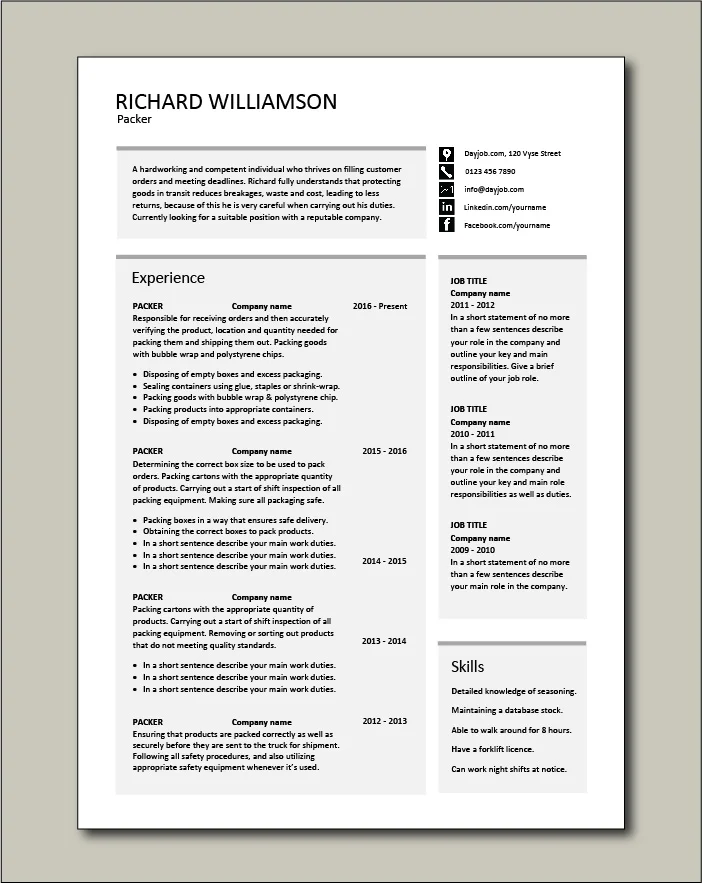 Packer resume template 1 - 2 pages