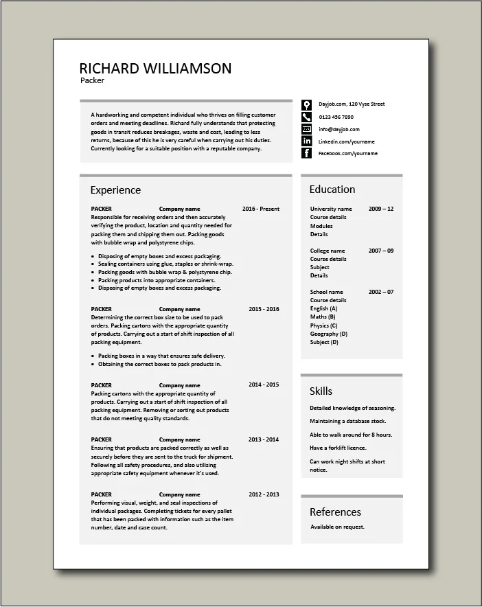 Packer resume template - 1 page