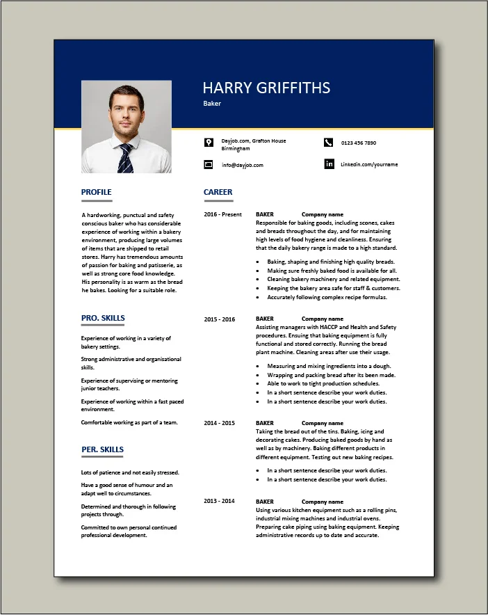 Baker resume template - 2 page