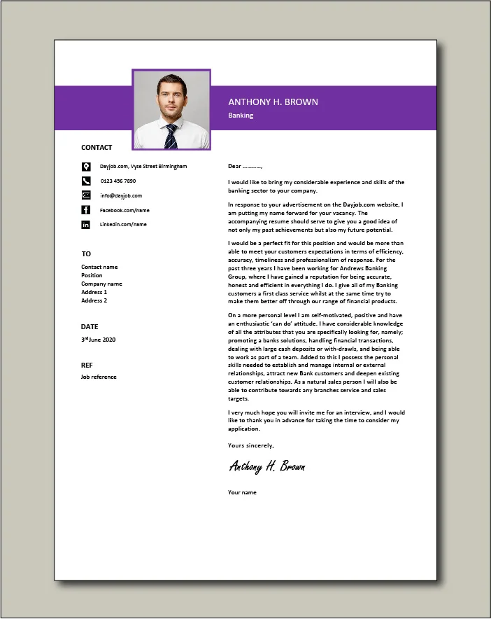 Free Banking cover letter example 1
