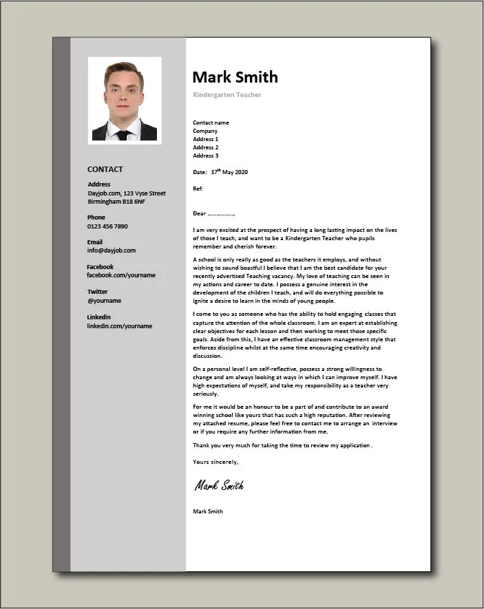 Kindergarten Teacher Cover letter