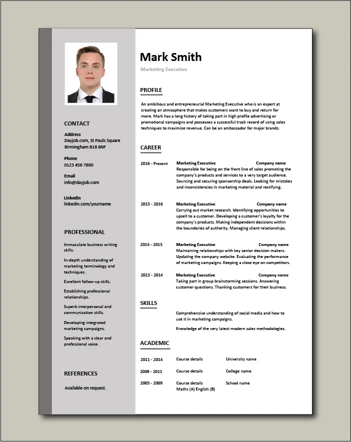Marketing Executive resume template - 1 page
