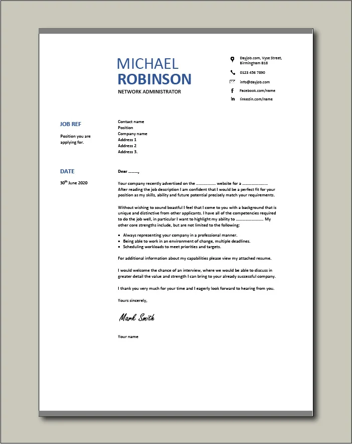 Network Administrator Cover letter