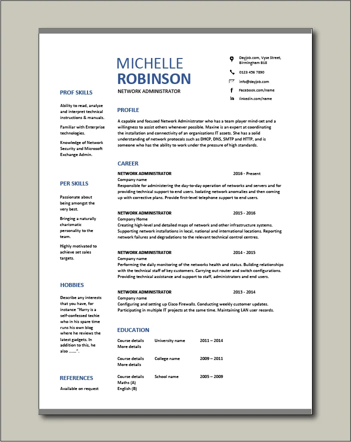 Network Administrator resume template - 1 page