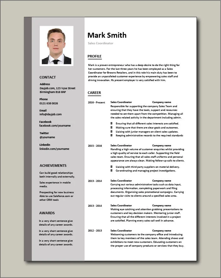 Sales Coordinator resume - 2 page