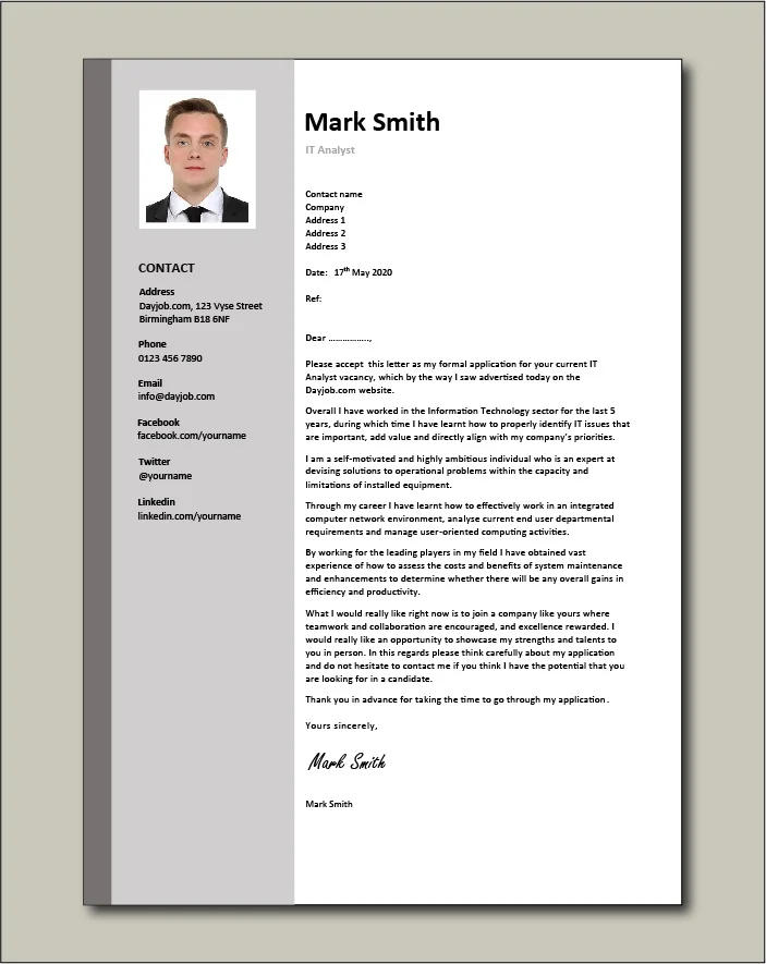 IT Analyst Cover letter